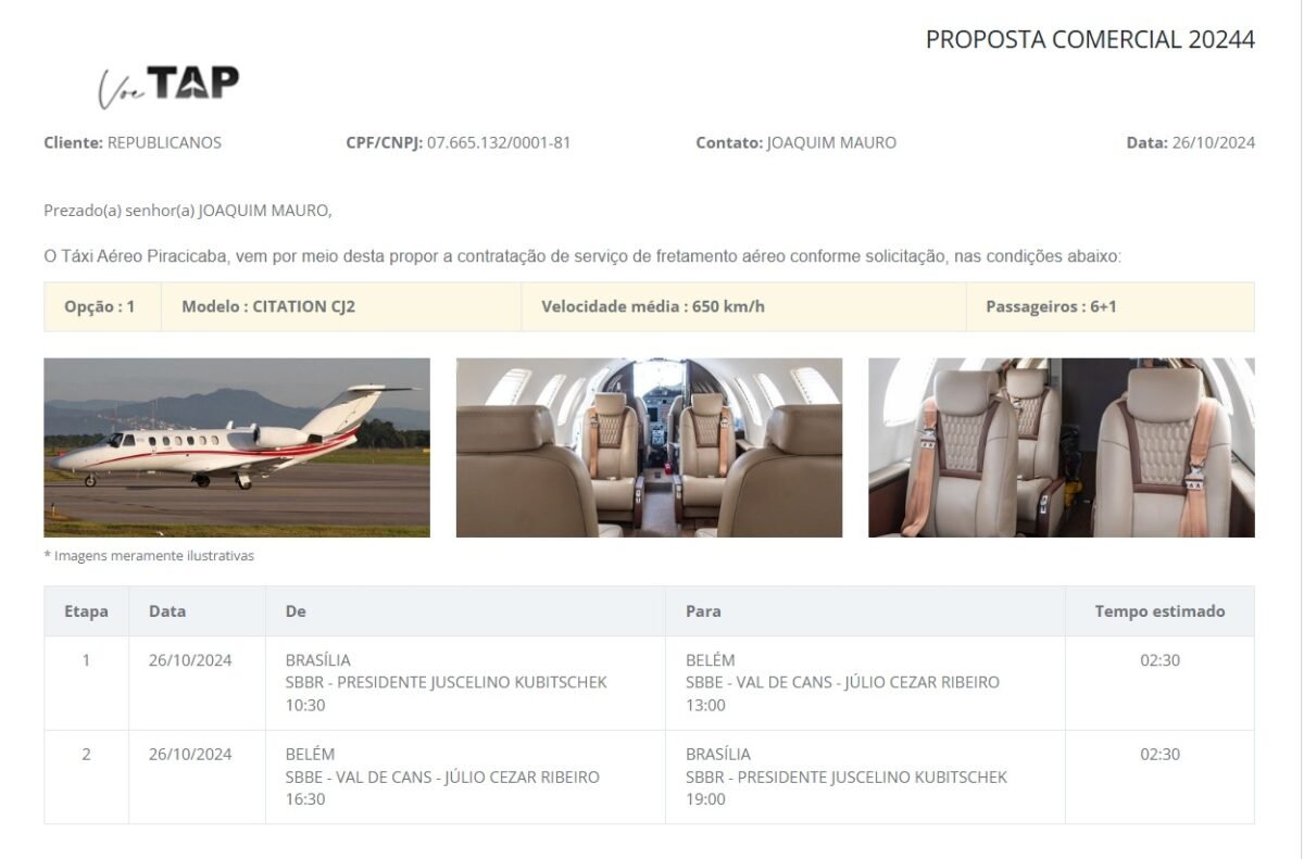 Proposta comercial traz detalhes do voo feito por Hugo Motta