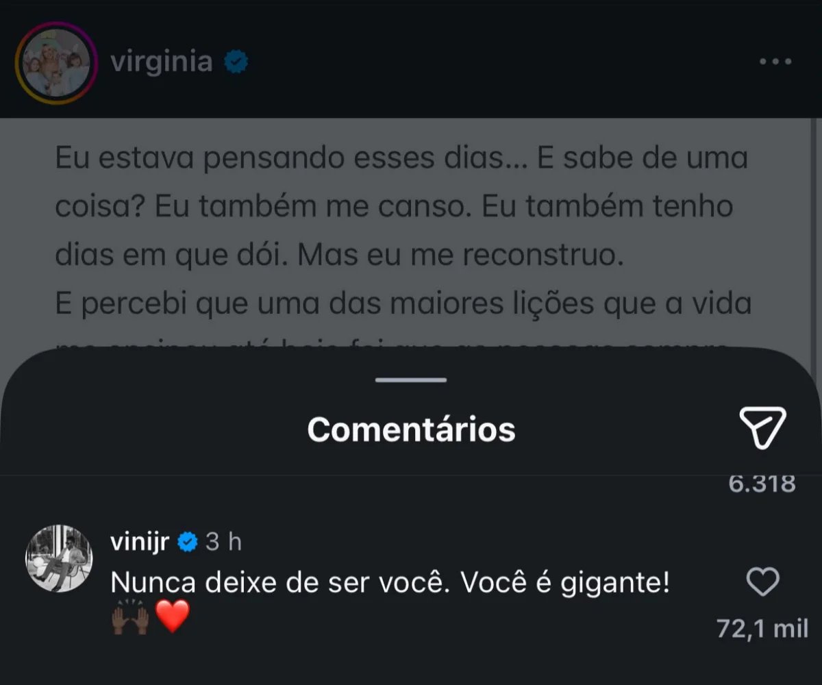 Vini Jr. comentou em post de desabafo de Virginia Fonseca. Vini Jr. comentou em post de desabafo de Virginia Fonseca.